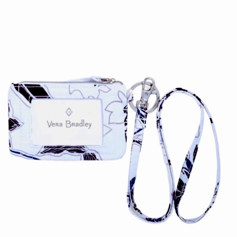 NWT $50 Vera Bradley Zip ID Coin Case Lanyard Twilight Garden Pattern Light Blue